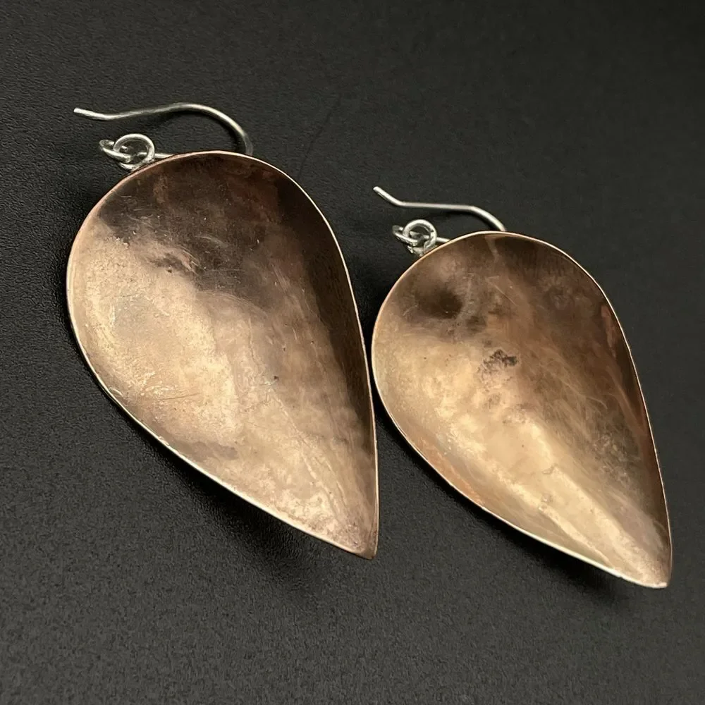 Vintage Silver Copper Ball Bead Domed Leaf Dangle Earrings Bohemian‎ Style